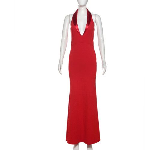 Sleeveless deep V-neck hanging neck backless high waisted dress