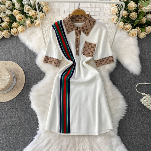 Striped contrasting lapel short sleeved knitted dress