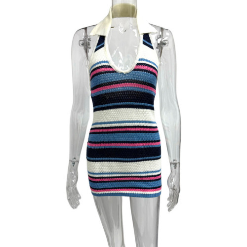 Striped V-neck hanging neck knitted hip hugging dress