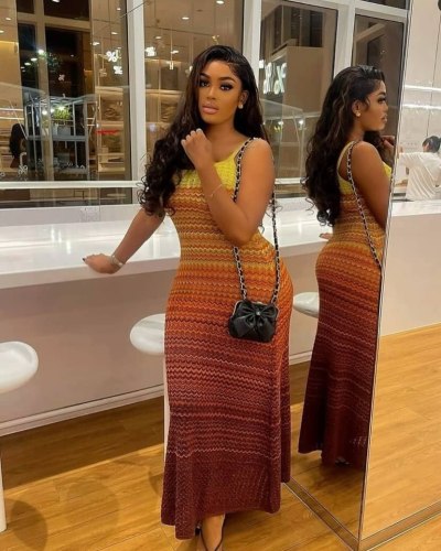 Retro sleeveless camisole gradient striped knit dress