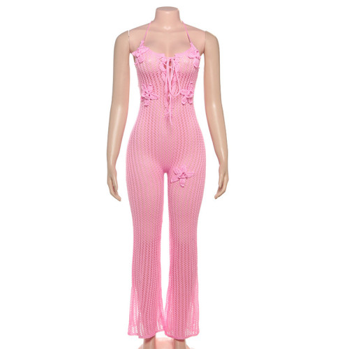 Knitted hollow out backless jumpsuit