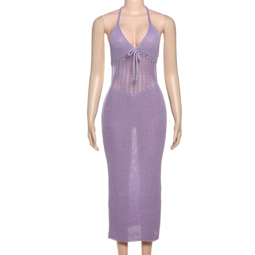 Hanging neck, low cut, backless knitted hollow see through dress