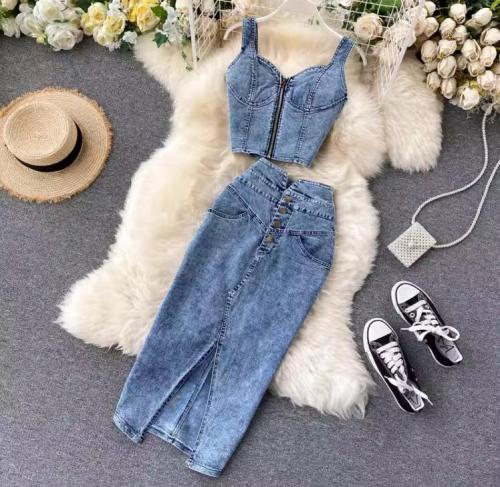 Short tank top, high waisted denim skirt