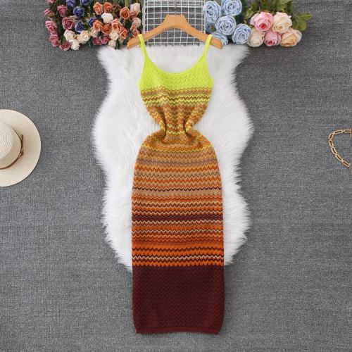 Retro sleeveless camisole gradient striped knit dress