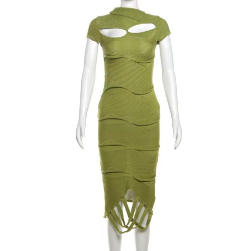 Slant neck tassel hollow out knitted irregular short sleeved dress
