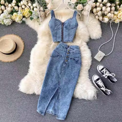 Short tank top, high waisted denim skirt