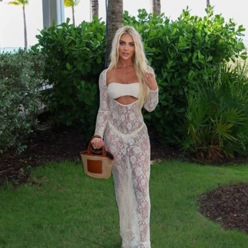 Lace see through long sleeved slim fit dress