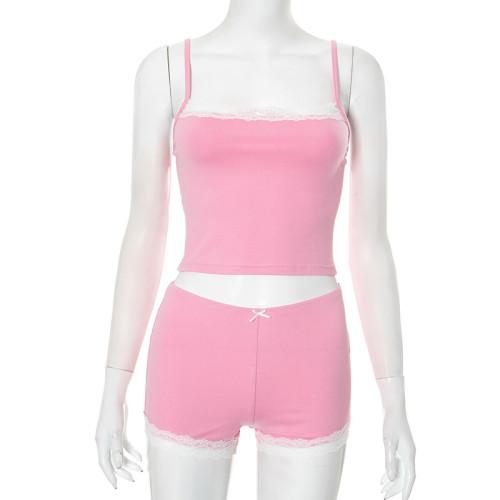 Strap, lace, bow, lace, exposed navel, low waist, hip hugging, short set