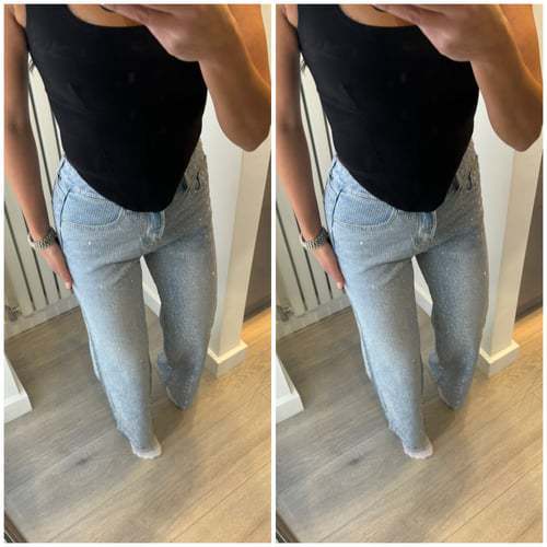Hot stamping star high waisted washed denim pants straight leg pants