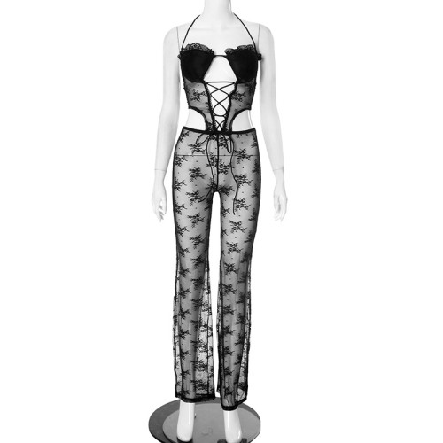 Lei ribbon padded neck strap strapless hollow waist jumpsuit