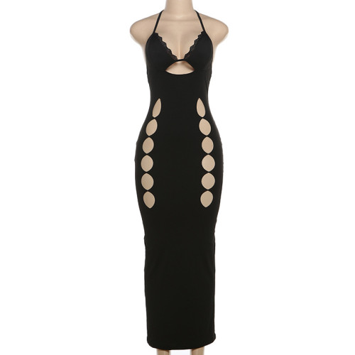 Lace hollow lace lace lace backless hanging neck dress