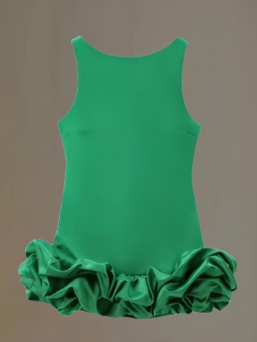 Solid color fungus edge splicing flower bud skirt sleeveless round neck shoulder strap short skirt