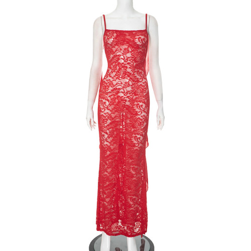 Large backless lace dress with ribbon