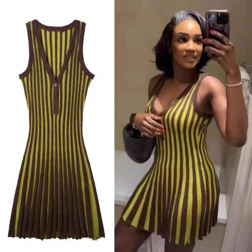 V-neck sleeveless French striped knitted short dress