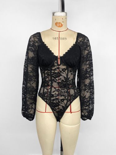 V-neck lace patchwork zip fit bodysuit