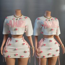 3D Rose Decorative Umbilical T-shirt Short Skirt Set