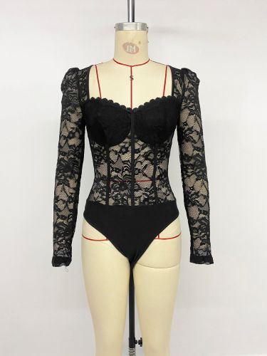 Lace lace patchwork square collar jumpsuit