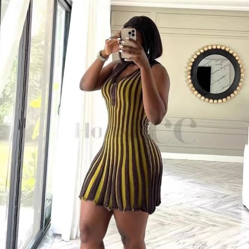 V-neck sleeveless French striped knitted short dress
