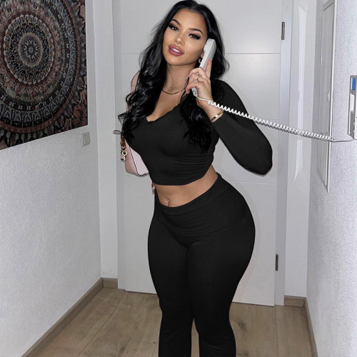 Long sleeved lace V-neck short top, high waisted long pants set