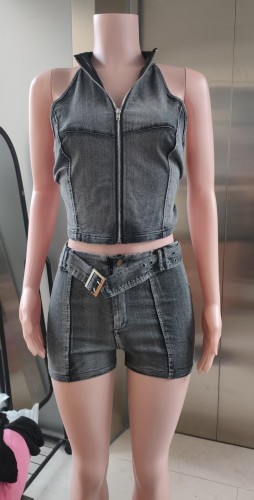 Cowboy Sleeveless Zipper Short Top Elastic Shorts Belt Set