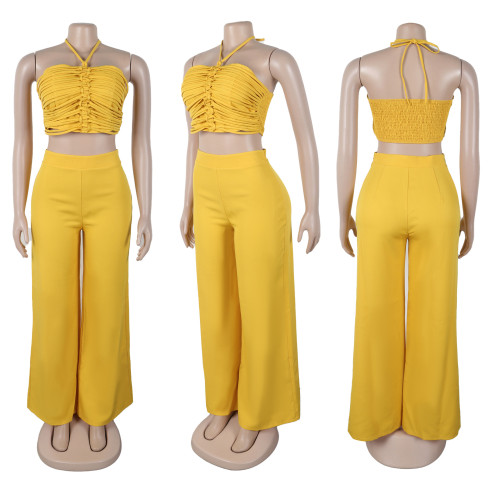 Set with drawstring and drawstring top, high waist, side zipper, loose pants, two-piece set