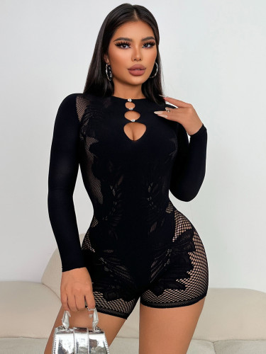 Lace hollowed out diamond studded long sleeved solid color jumpsuit shorts
