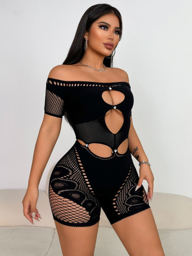 Lace hollowed out see through one shoulder strapless jumpsuit