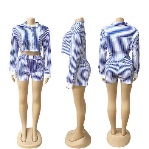 Collar shirt striped long sleeved shorts set