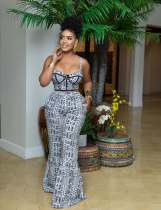 Shoulder strap top high waisted flared pants two-piece set