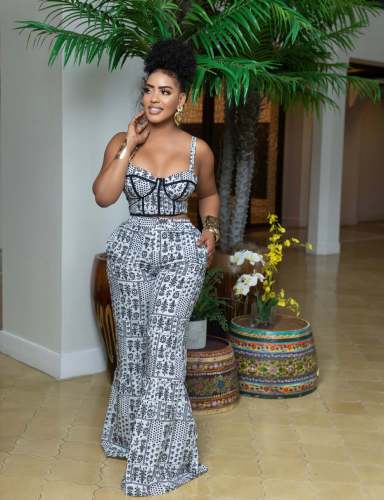Shoulder strap top high waisted flared pants two-piece set