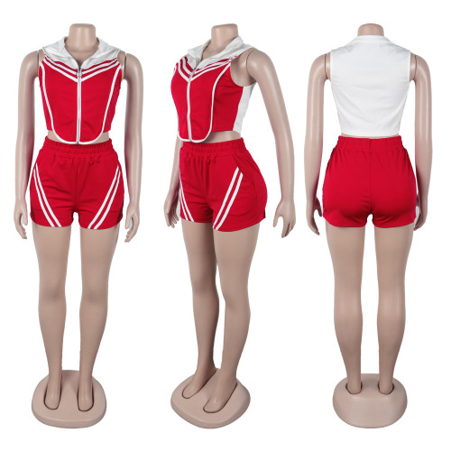 Striped patchwork contrasting sleeveless elastic sports two-piece set