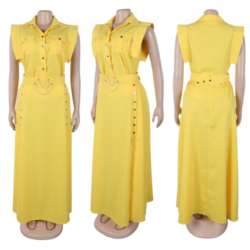 Solid color lapel sleeveless workwear split long skirt two-piece set