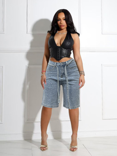 Loose denim 5-point pants with full rhinestone hot stamping and additional waistband