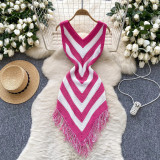 Holiday color blocked diamond patterned irregular fringe dress W899262916096