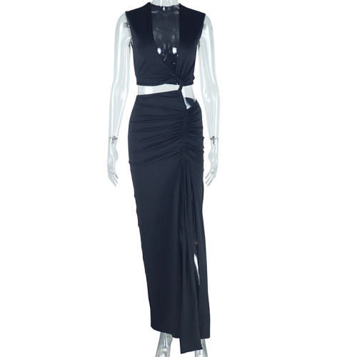 Slant V-neck exposed single shoulder sleeveless irregular slit skirt