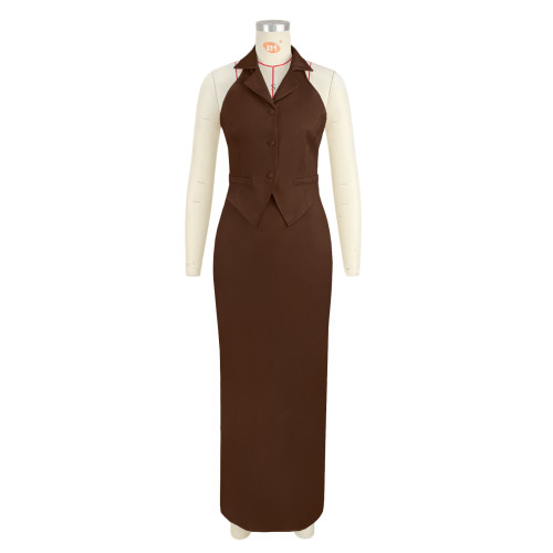 Sleeveless lapel suit vest zipper split skirt two-piece set