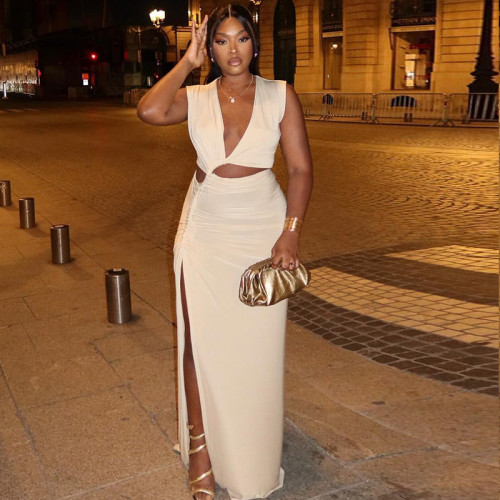 Slant V-neck exposed single shoulder sleeveless irregular slit skirt