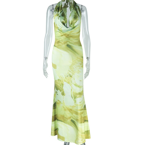 Printed backless fishtail skirt with deep V-neck hanging neck dress