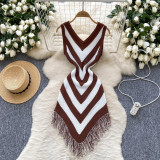 Holiday color blocked diamond patterned irregular fringe dress W899262916096
