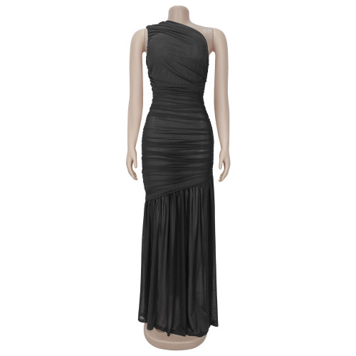 Slanted Shoulder Perspective Solid Color Dress