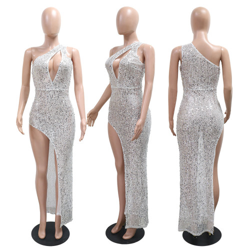 Sequin deep V hanging neck bag buttocks skirt backless long skirt