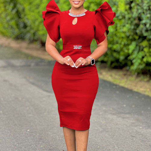 Round neck lotus leaf sleeve nail diamond wrapped hip jumpsuit with hollowed out dress skirt