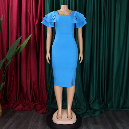 Square collar short sleeved hip hugging dress