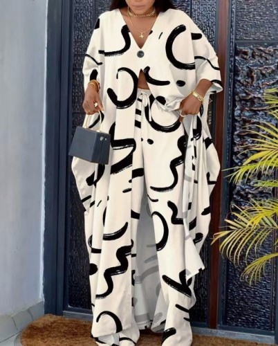 Printed pullover cloak loose pants set