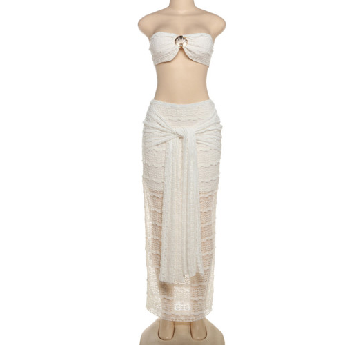 Two piece set of strapless top, hip hugging skirt
