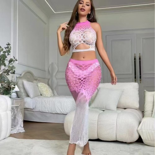 Fishing net perspective gradient color sense hollow perspective fun net clothing long skirt