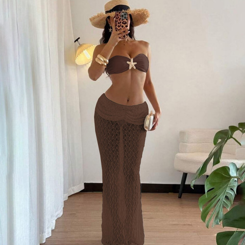 Strap strapless lace long skirt two-piece set