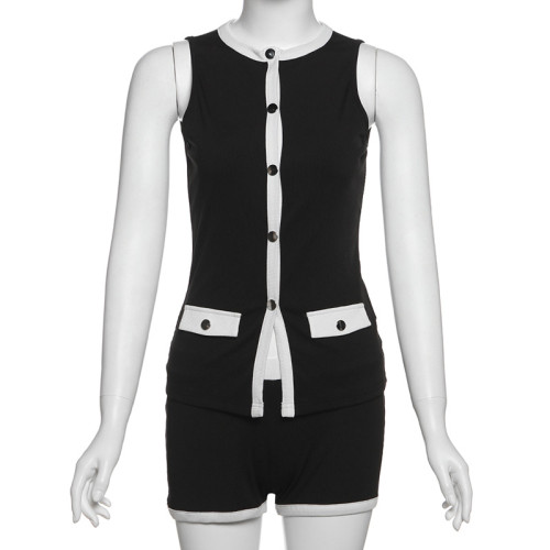 Sleeveless round neck cardigan top and shorts set