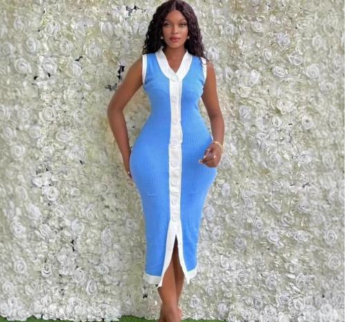 Color blocked threaded single breasted V-neck sleeveless elastic knit dress