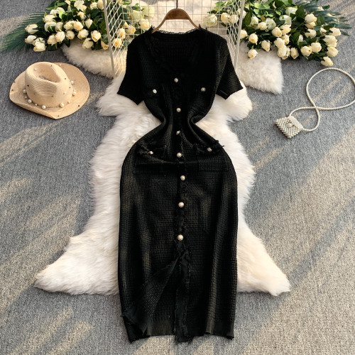 V-neck short sleeved button knit dress, hip hugging skirt